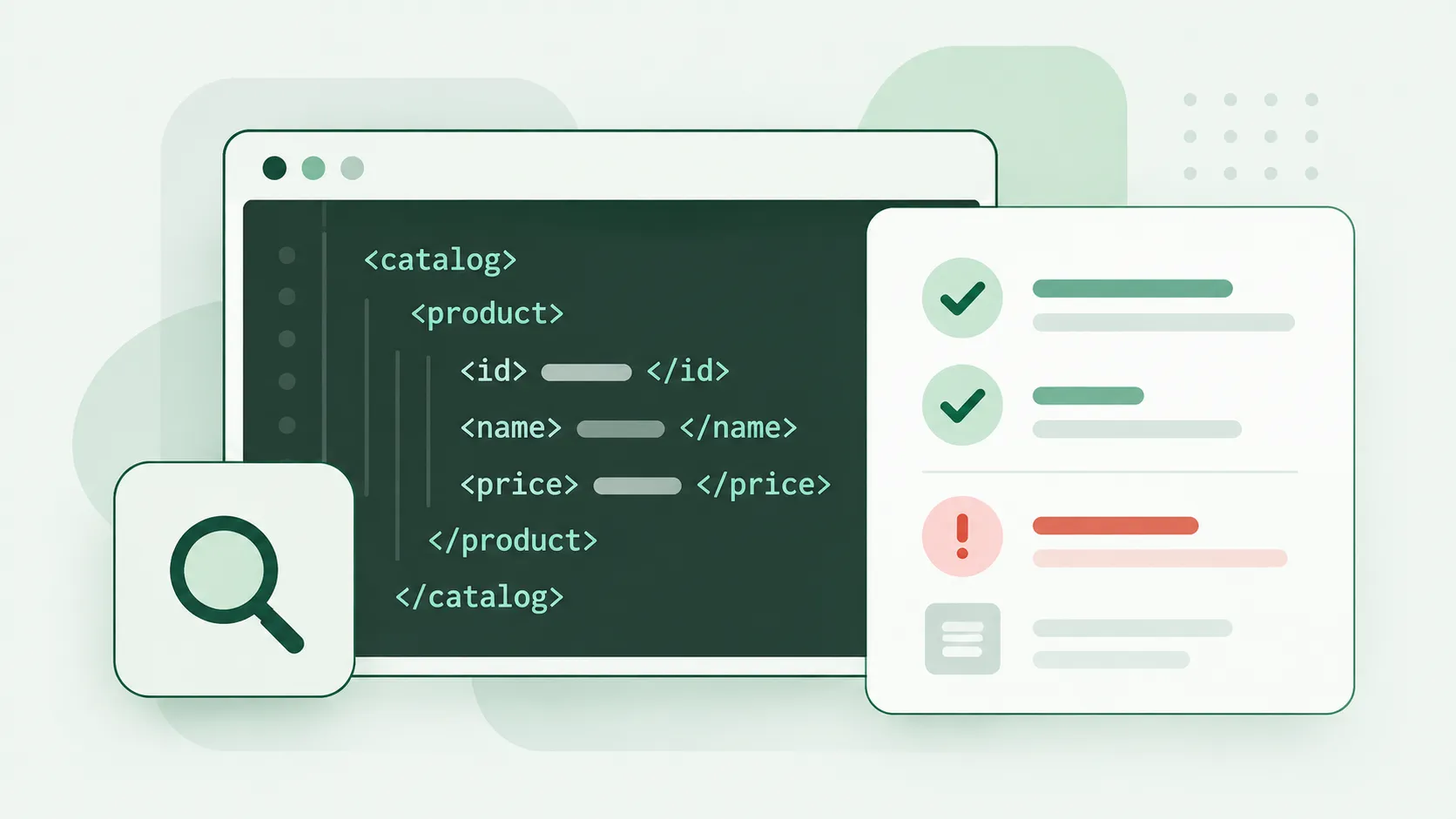 Verificar o sitemap do WordPress: código XML sob uma lupa ao lado de uma lista com dois acertos e um erro